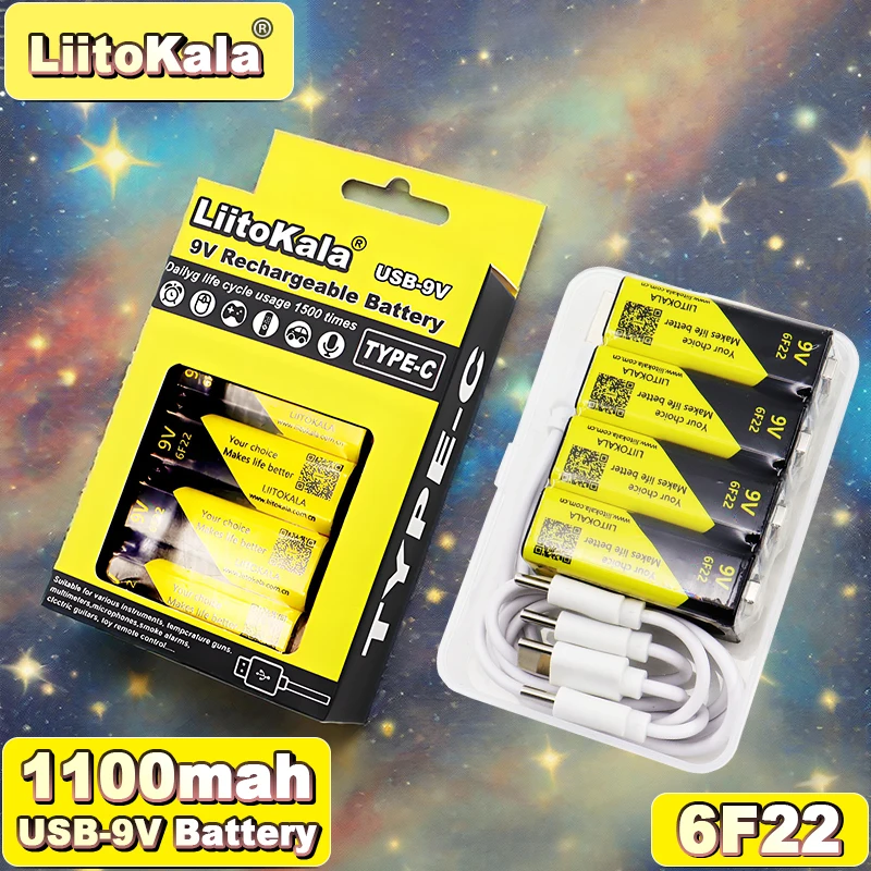 LittoKala 9V Lithium Battery Type-C Fast Charge, 1100mAh Low Self-Discharge for Electronics