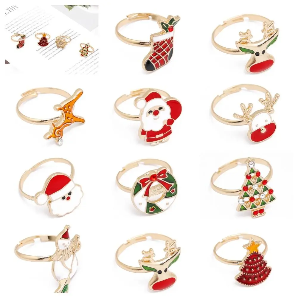 Retro Christmas Tree Christmas Open Ring Dripping Oil Elk Cartoon Lovely Ring Santa Snowman Xmas Jewelry Women