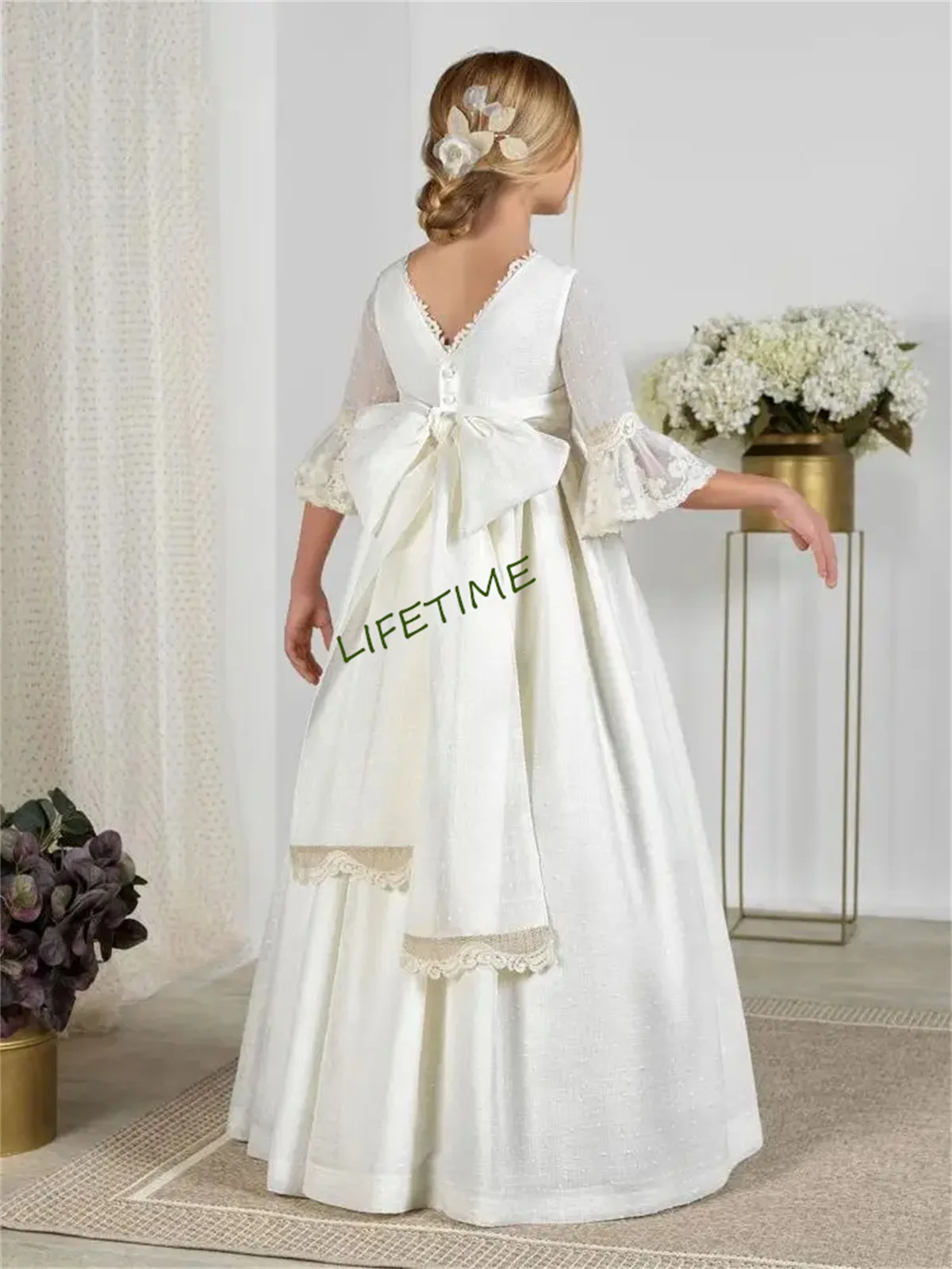 Holy Communion Dress Made with Satin Fabric Long Sleeves with Vintage-like Laces Bow and Covered Buttons for Closure