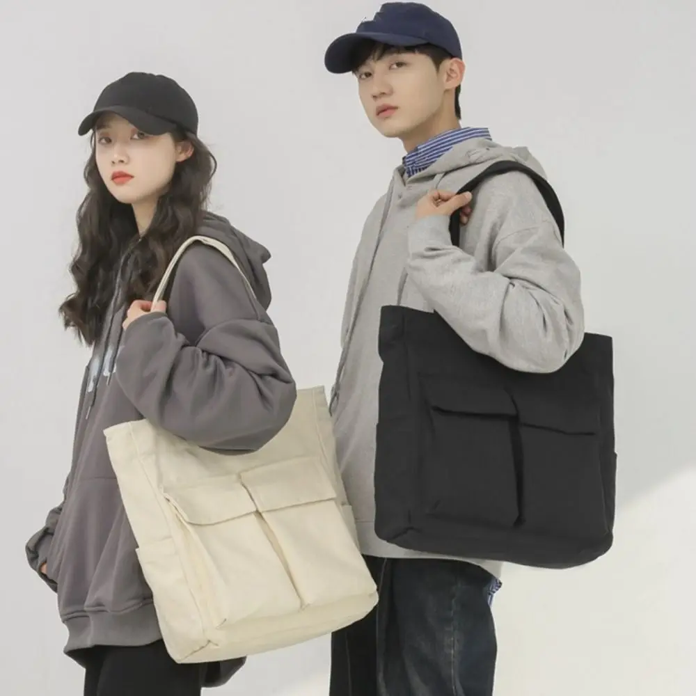 

Korean Multi-pocket Tote Bags Large Capacity Chic Single Shoulder Bag Canvas Commuting Messenger Bags Unisex