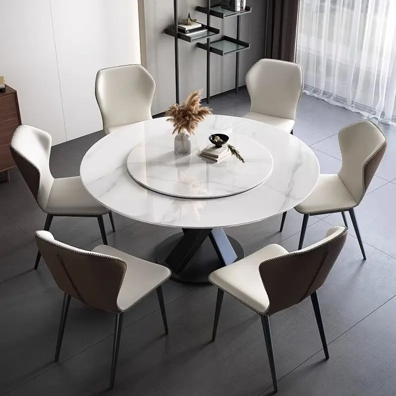 

Light luxury bright rock slab dining table and chair combination, rotating and retractable square and round dual-purpose, f