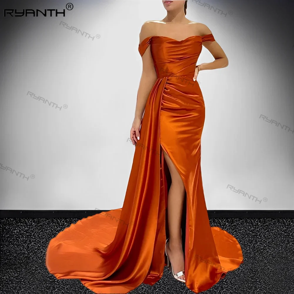 

Ryanth Orange Formal Prom Party Dress Off Shoulder Bridesmaid Dresses With Streamer Mermaid Side Slit Shiny Satin Long Trumpet