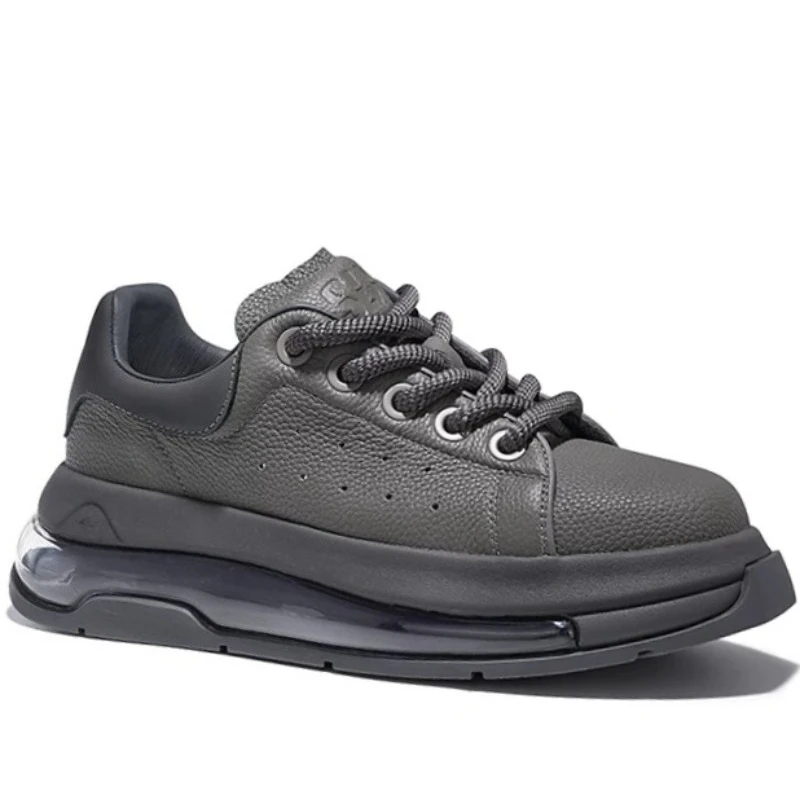 Genuine Leather Dark Gray Thick Soled Board Shoes Men's Retro Trendy Sports Shoes Comfortable Breathable White Casual Sneakers