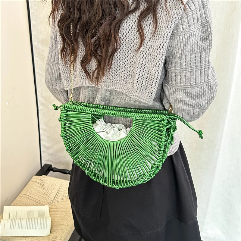 Luxury Metallic Golden Half Moon Hollow Woven Crossbody Evening Bag Drawstring Liner Chain Shoulder Bag Summer Beach Handbag