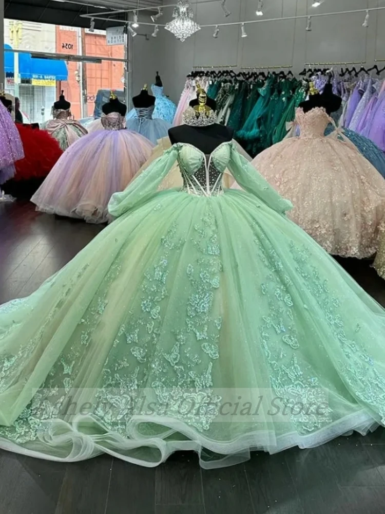 Ilusão verde menta Vestidos Quinceanera, manga comprida, doce 15, 16 vestidos de baile, concurso, árabe saudita, luxo