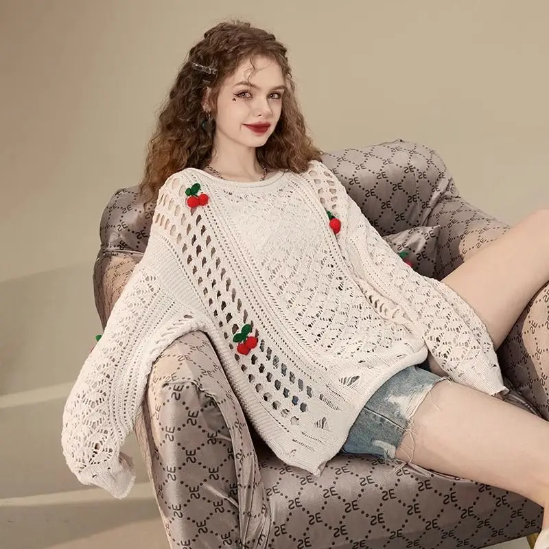 

Sweater Girls 2024 New Autumn Spring Hollow Out 3D Cherry Korean Sweet Long Sleeve O-neck Pullover Sweater Women
