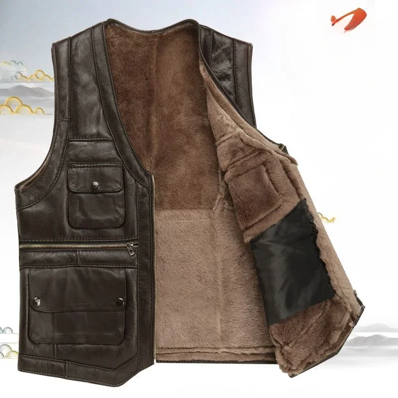 

2024 Men Autumn Winter Fashion Zipper Sleeveless Jackets Male Casual Genuine Leather Waistcoat Men Thick Fleece Vest Coats D353