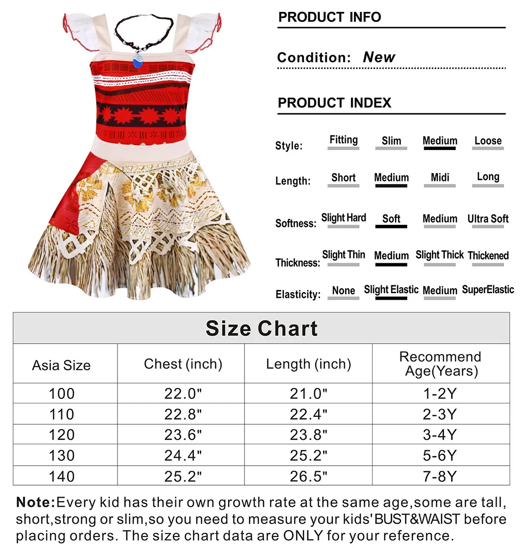 Jurebecia Kids Moana Dress Adventure Outfits Set For Girls Princess Dresses Strappy Child Clothes Halloween Birthday Party