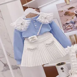 Fashion Baby Girl Princess Set Bow Lace Sweatshirt+Sequins Skirt 2Pcs Child Clothing Suit Kids Party Birthday Baby Clothes 2-14Y