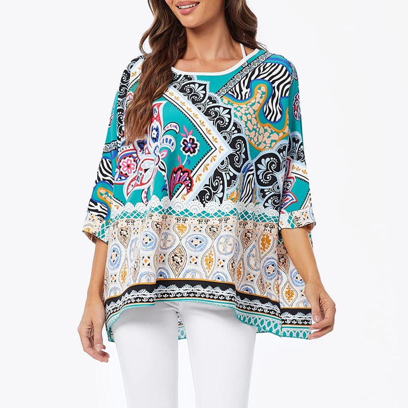 2023 New Round Neck Flower Print Top Bohemian Pullover Summer Loose Short Sleeve Plus Size T-shirt Fashion Shirt 4XL-6XL