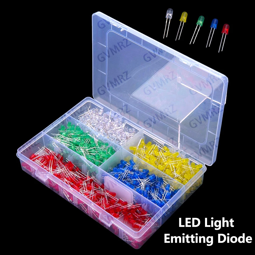 

5Values Yellow Blue White1000PCS 5mm LED Light Emitting Diode Red Green DIP Each 200PCS