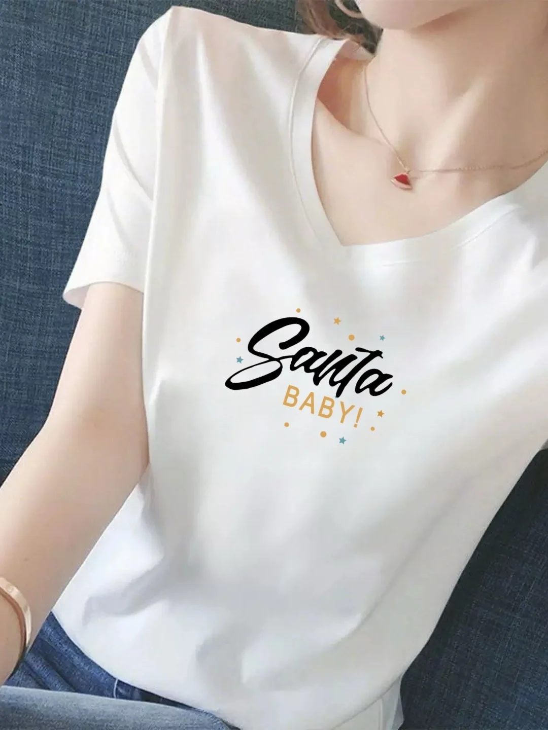 

High-End White Short-Sleeve Women's T-Shirt round Neck Letter Print Casual Versatile Anti-Aging Slimming Polyester Fiber