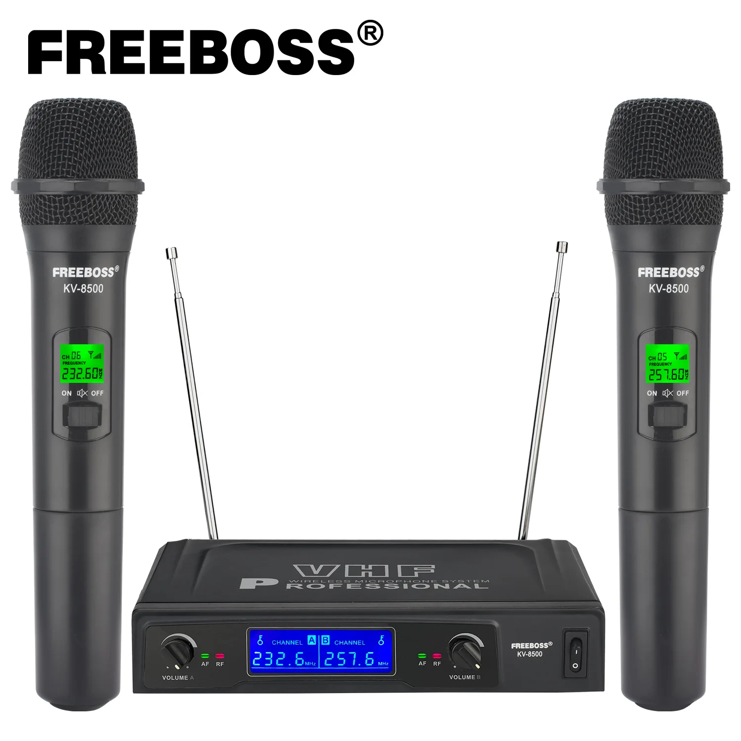 

FREEBOSS Dual Channels Wireless Microphone 2 Handheld VHF Fixed Frequency Professional Dynamic Mic System for Karaoke KV-8500