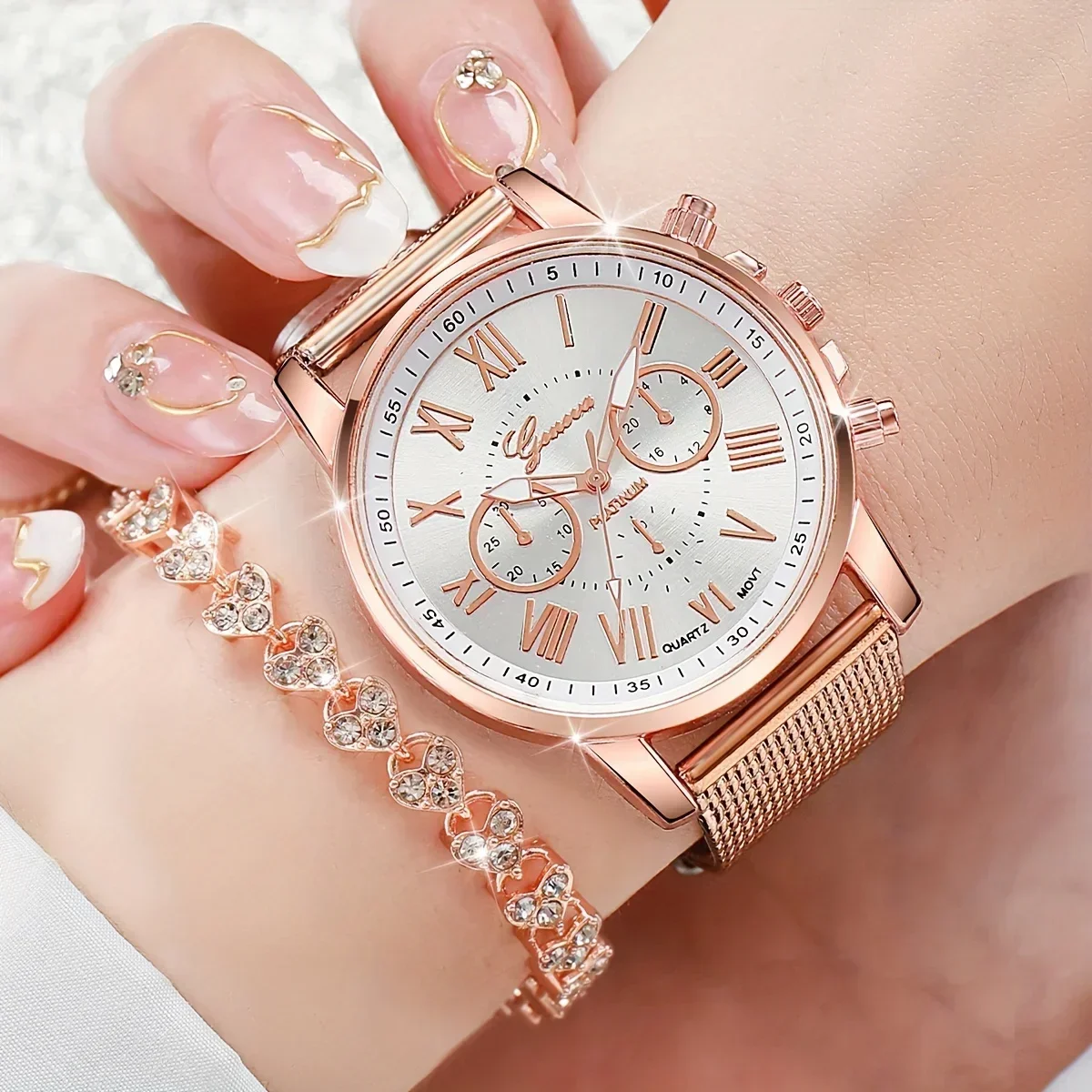 2pcs/set Elegant Women's Quartz Watch with Rhinestone Bracelet - Perfect Gift for Mom and Her Sophisticated Style
