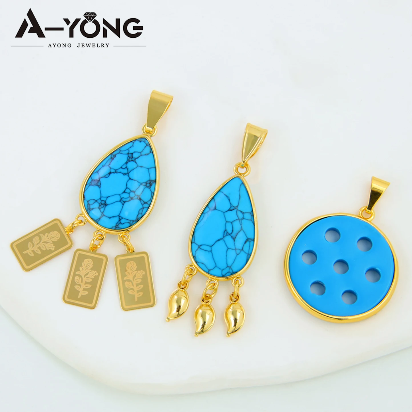 Arab Fashion Turquoise Gold Color Pendant 18k Gold Plated Italian Tassel Necklace Pendants Saudi Women Event Party Jewelry