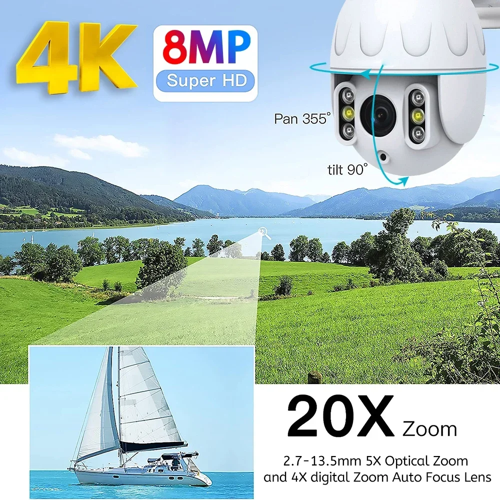 4K 8MP 5X Optical Zoom WiFi PTZ IP Camera Outdoor Sony Color Night Vision Auto Tracking 2-way Audio CCTV Network Security Camera