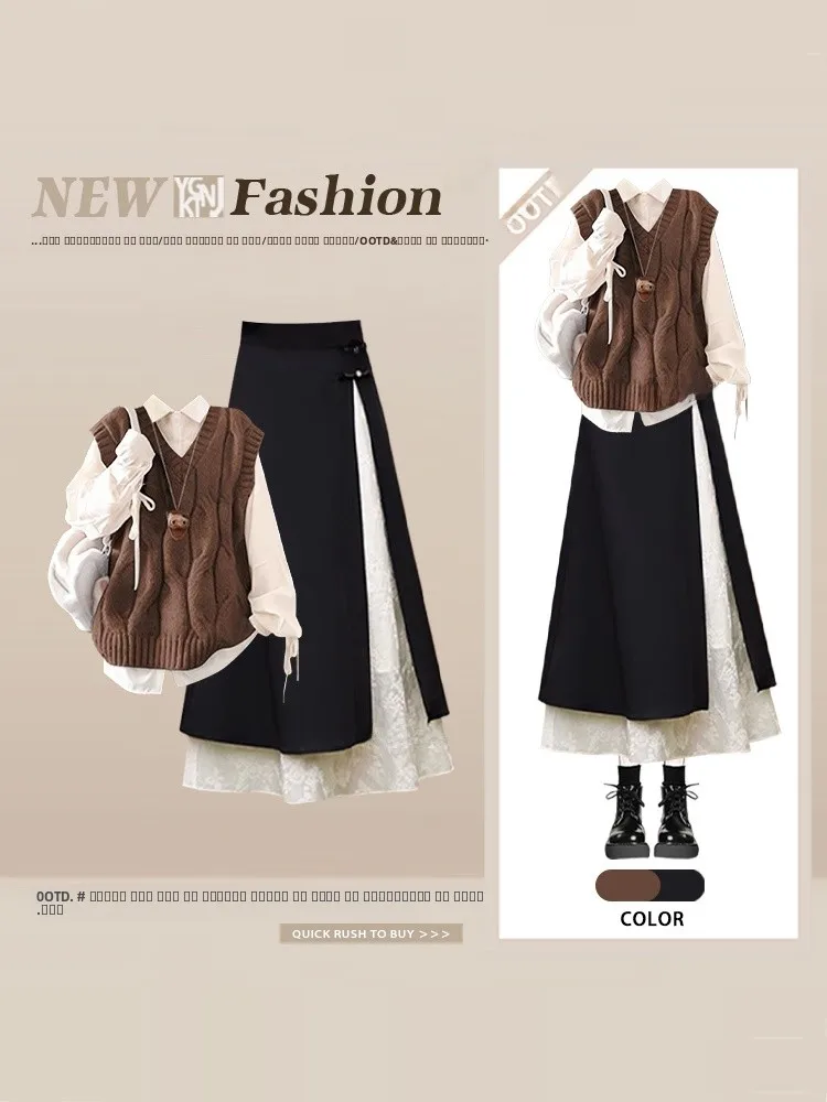 

Women's Knitted Vest Shirt Set High Waist Midi Skirt Color Block Casual Style Winter Fashion Three Piece Suit Commute Trend