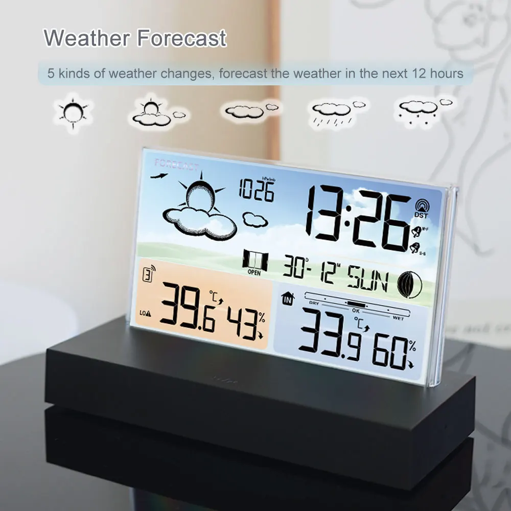 Transparent Glass Weather Clock, Wireless Multifunctional Weather forecast, Electronic Alarm Clock, Black Outdoor Sensors