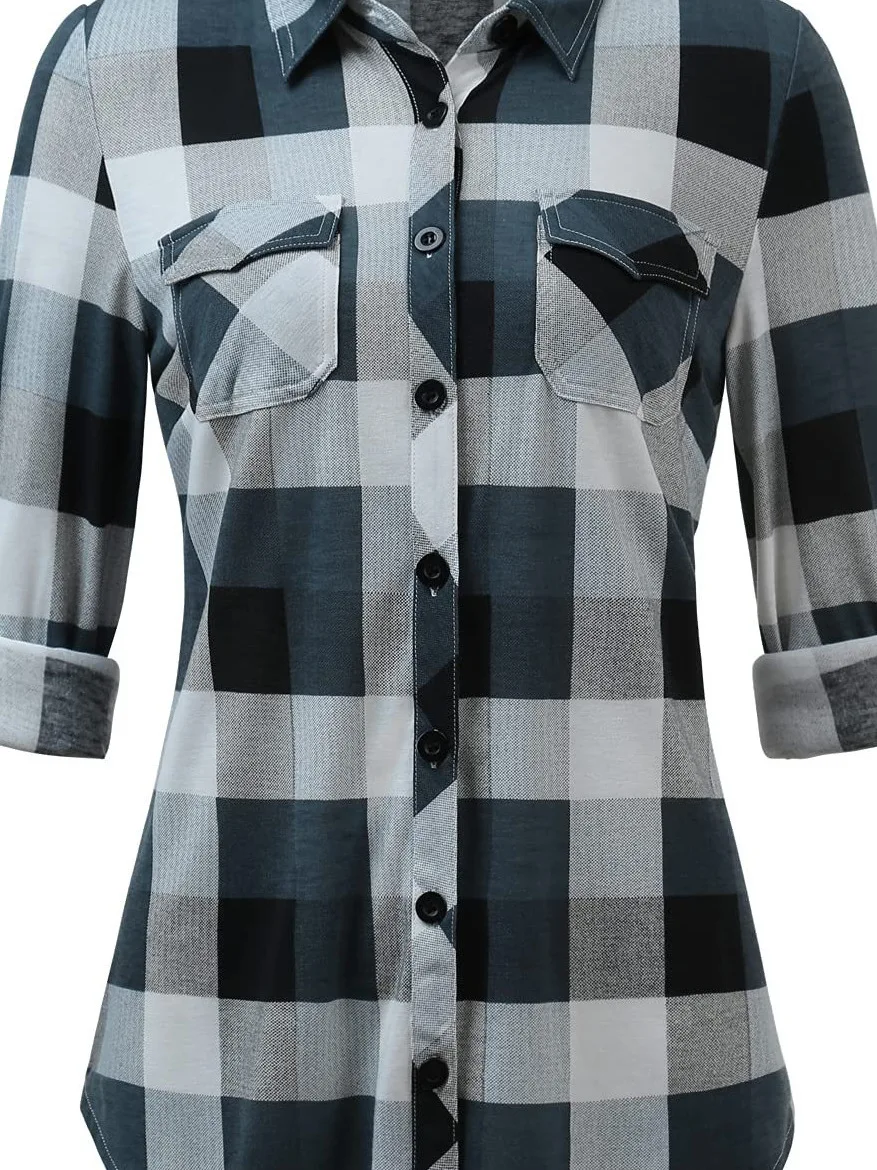 

Faionable Cheed Print Long Sve Collar irt Women's Sle Polyester Material Moisture ng Regular Thin