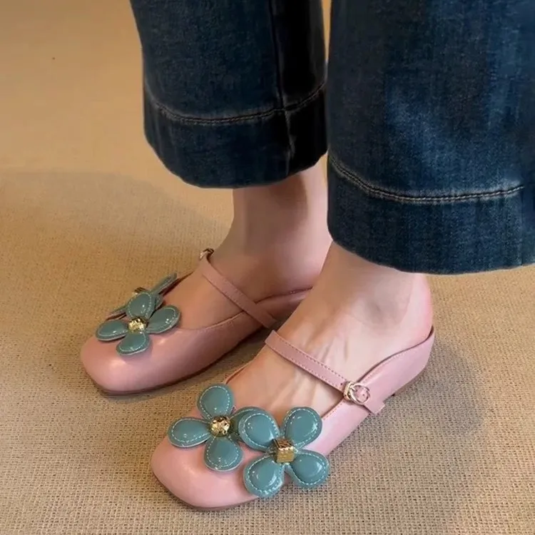 New color blocking flower straight buckle slippers for women, soft soled soft leather half slippers