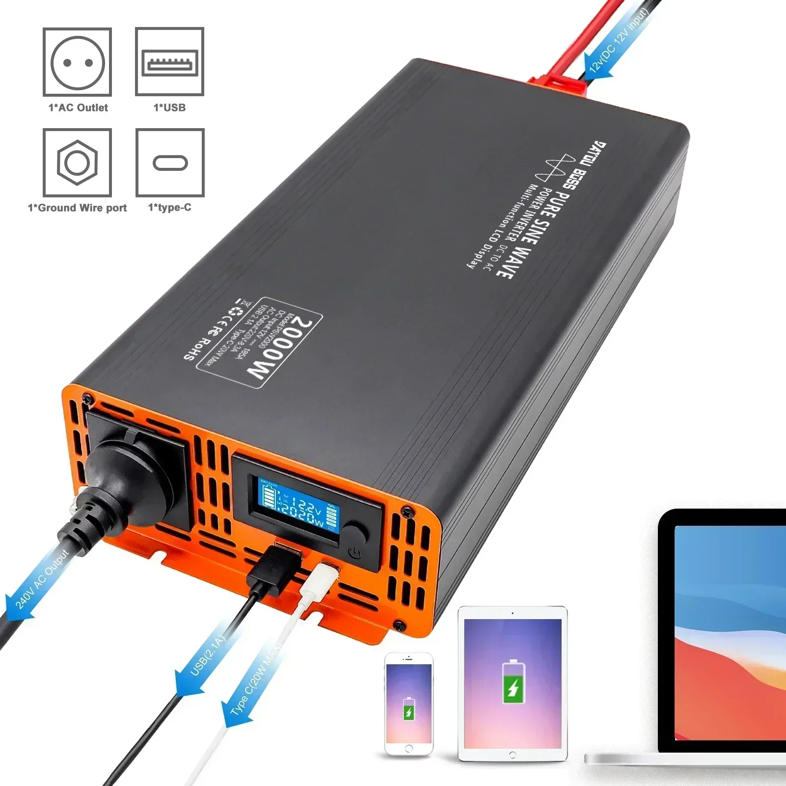DATOUBOSS PSW Inverter 12v 220v 2000w DC 12V 24V 36V 48V 60V to AC 110V-220V Peak Power 4000W Internal Heat Dissipation TypeC