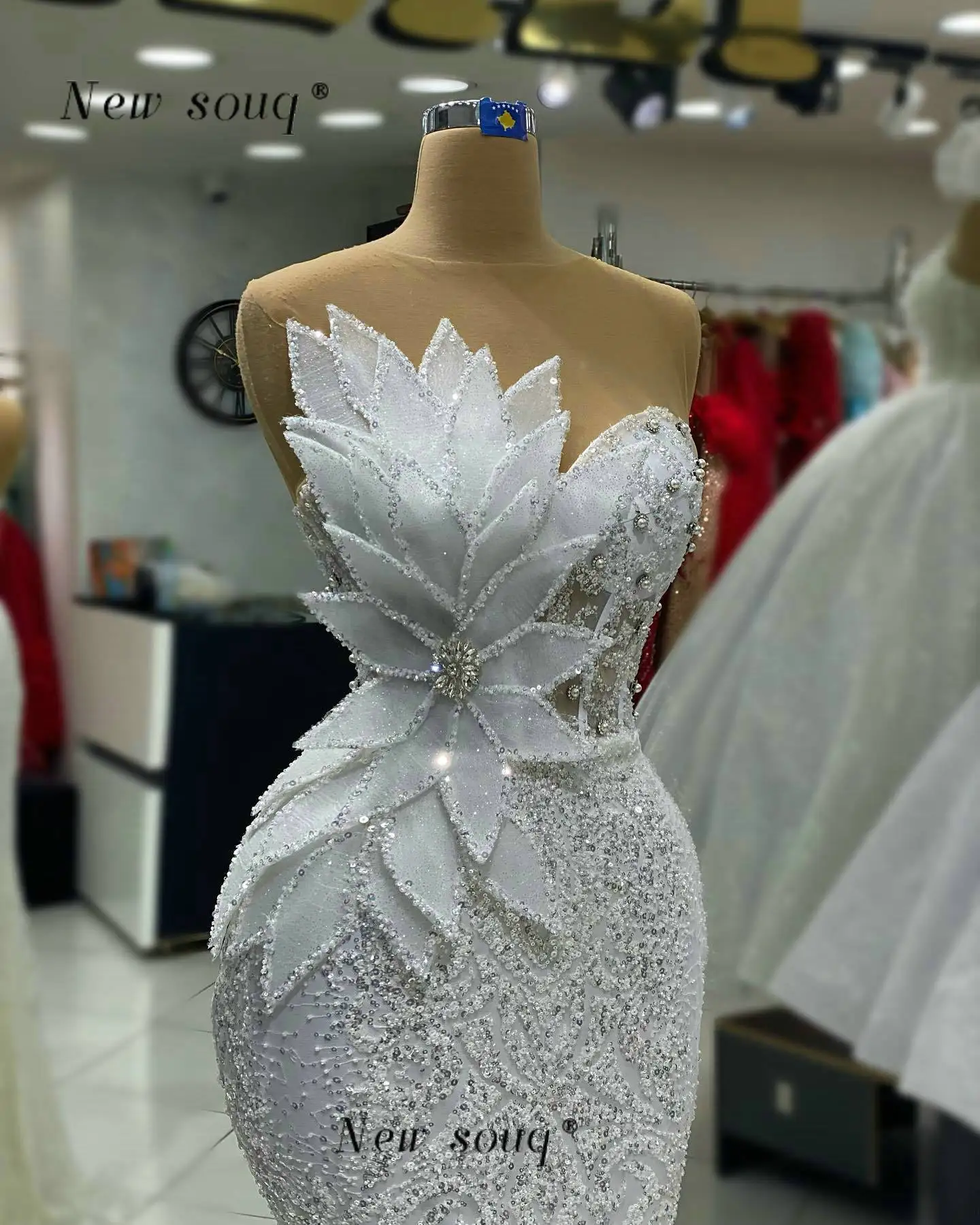 Vestidos de Noche blancos largos con purpurina, moda africana, con detalles de hojas en 3D, sin mangas, formales, Dubai, para boda y graduación