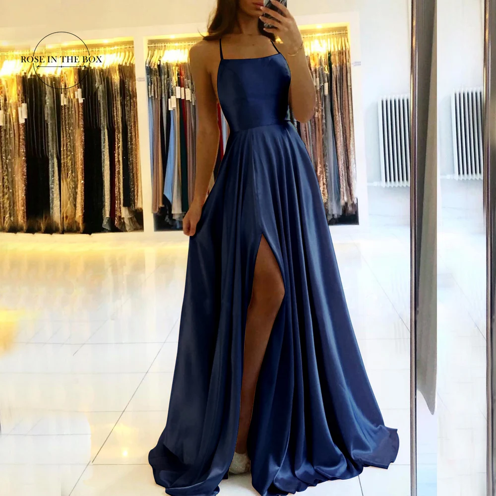 

Sexy Backless Long Evening Dress For Women 2024 Elegant Navy Blue Spaghett Straps Slit Satin Prom Party Gowns Vestidos De Gala