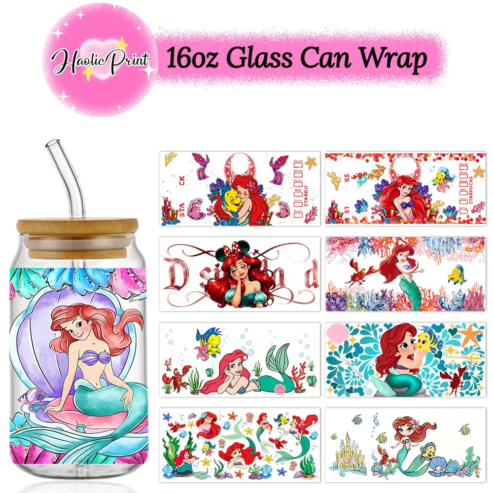 Little Mermaid Ariel 16oz Cup Wraps UV DTF Transfer Sticker For Plastic Libbey Glass Can For Snow Globe Cup Tumblers Without Cup