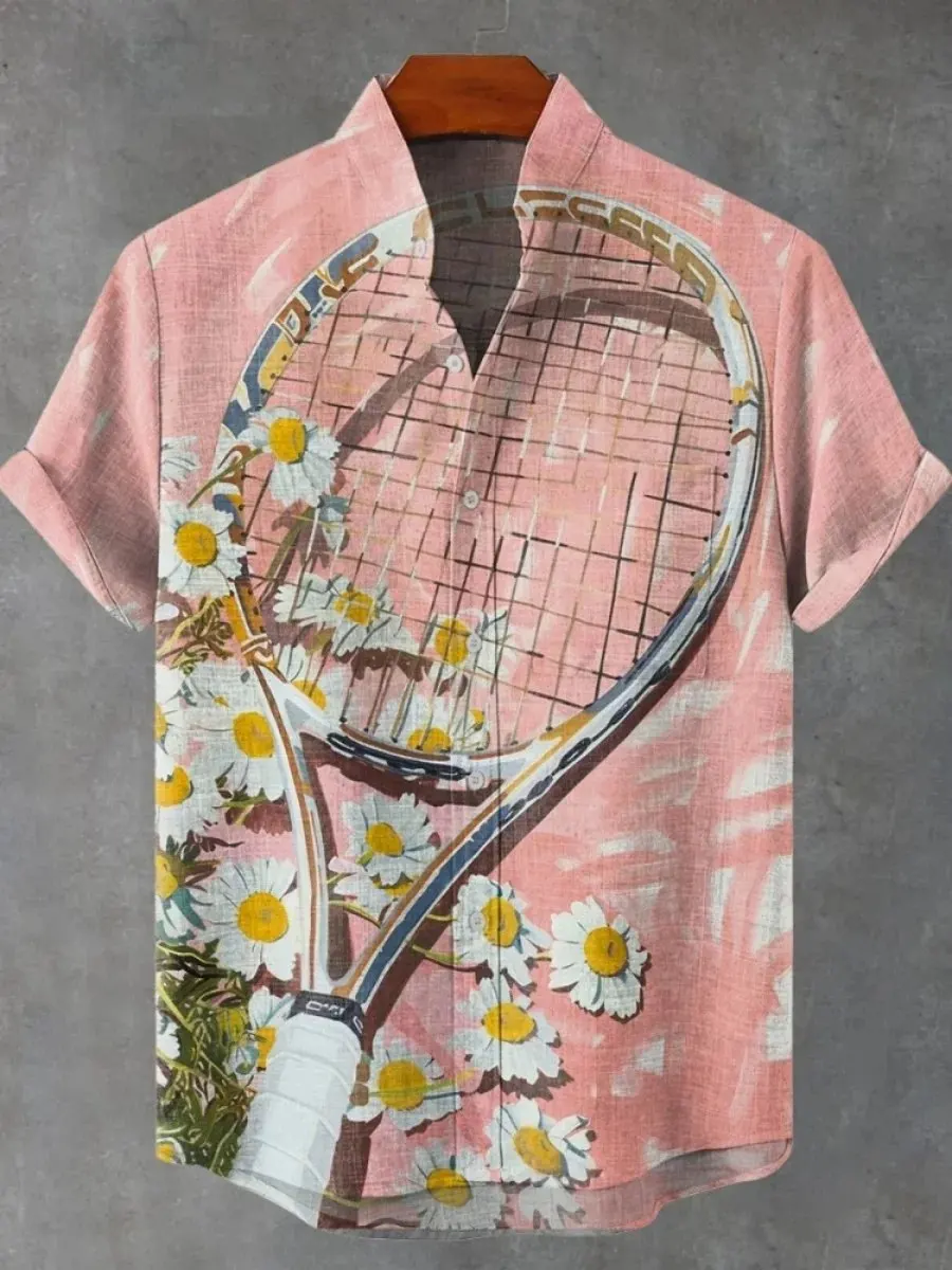 

2025 new men's tennis racket design pattern men's linen shirt men's button up stand collar short sleeved casual holiday street s