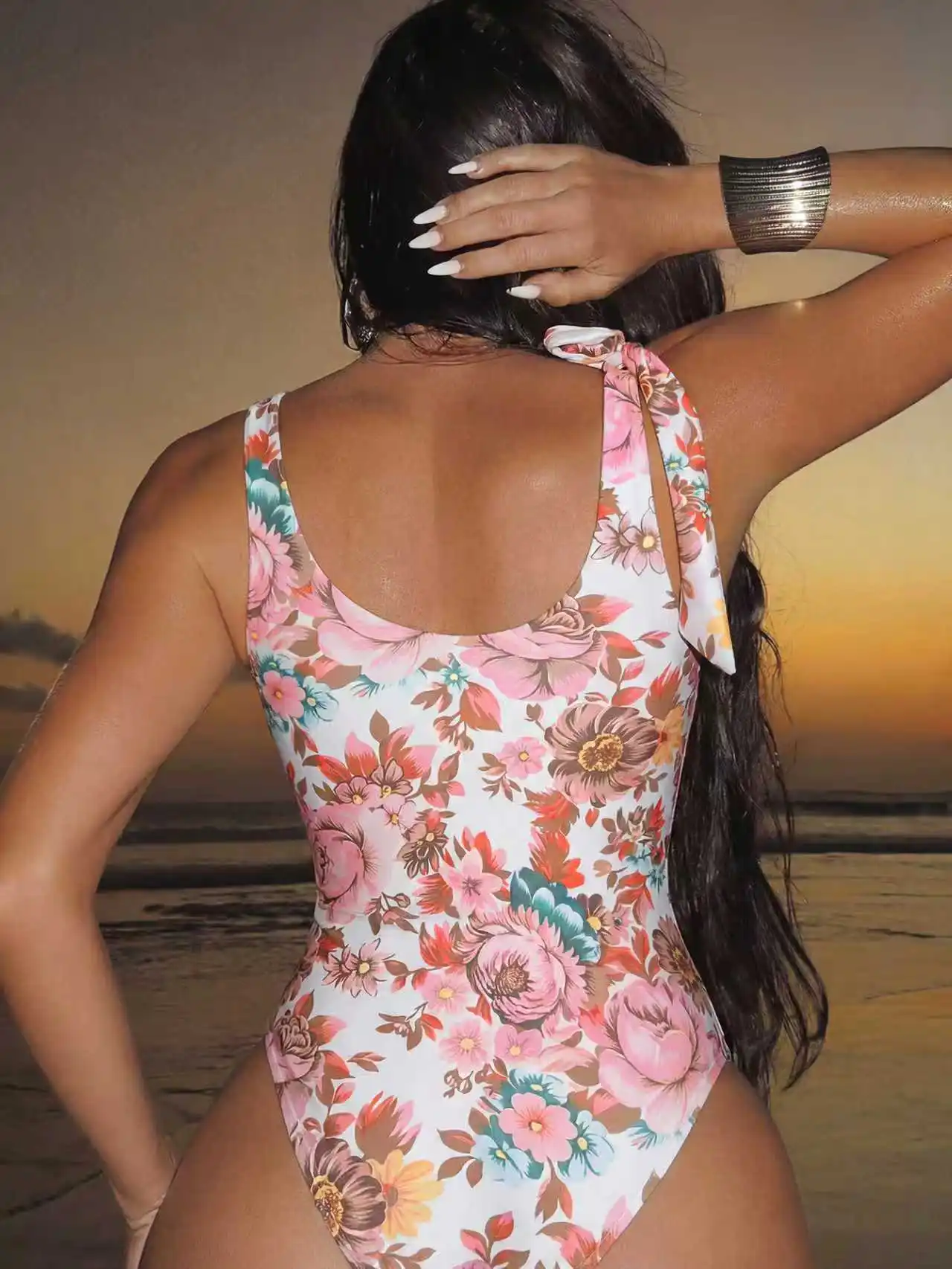2026 Women's Floral Print Ruched Bodycon One Piece Square Neck Bow Knot Shoulder Straps Slim Fit Tight Bodysuit Swimsuit Holiday view 2