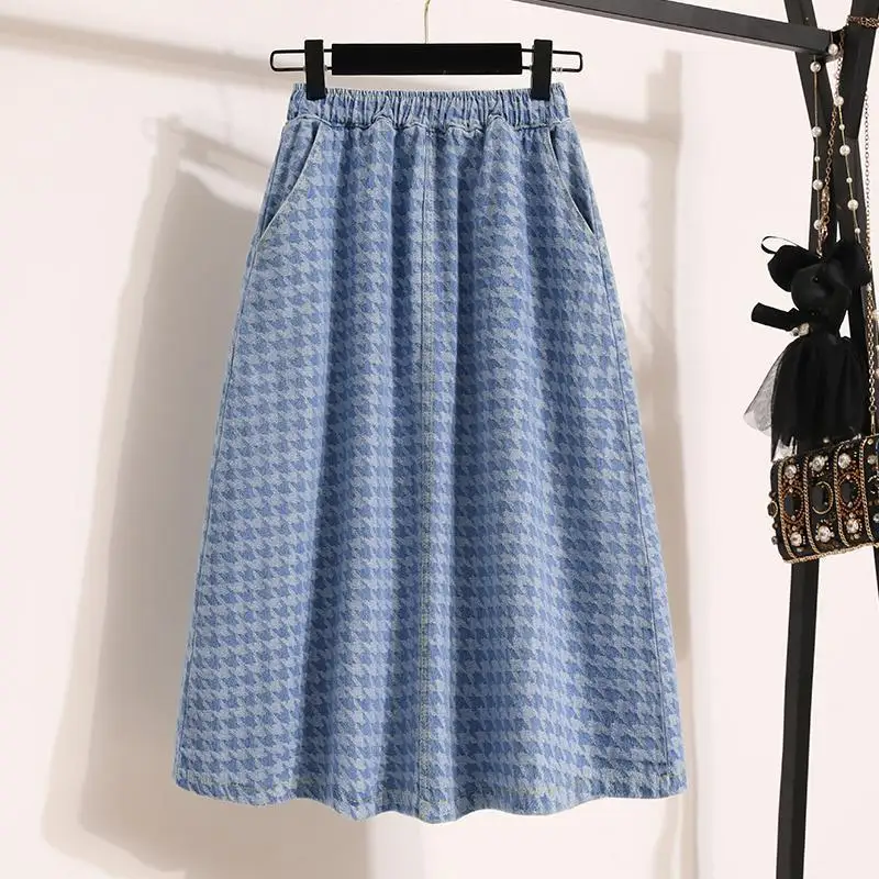 

Spring Summer New Korea Fashion Women Elastic Waist Loose A-line Skirt All-matched Casual Cotton Denim Plaid Knee-length Skirt