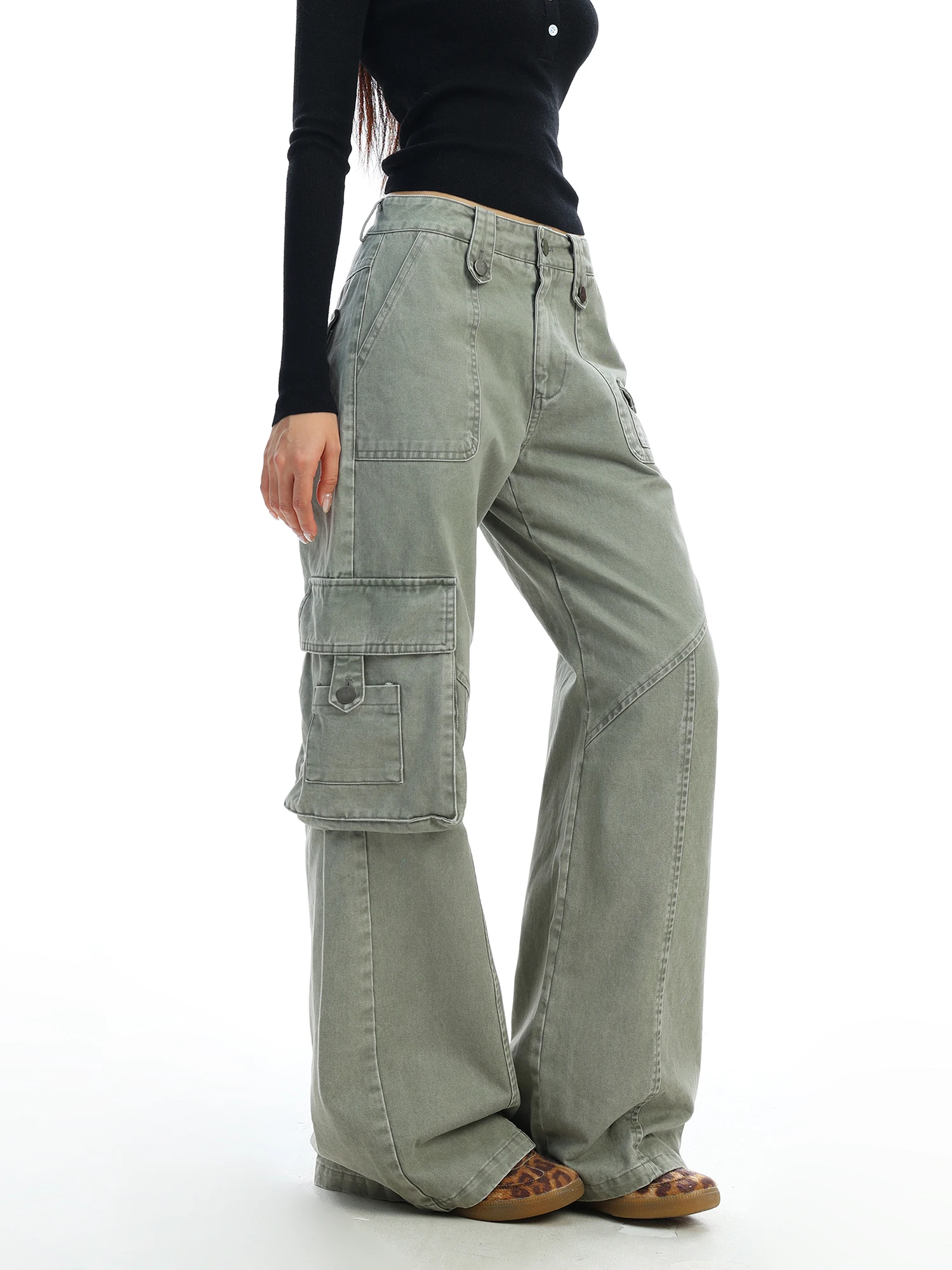 

American Design Loose Straight Leg Workwear Jeans Women's Multiple kets Casual Floor-Length Pants Vintage Sle High Waist