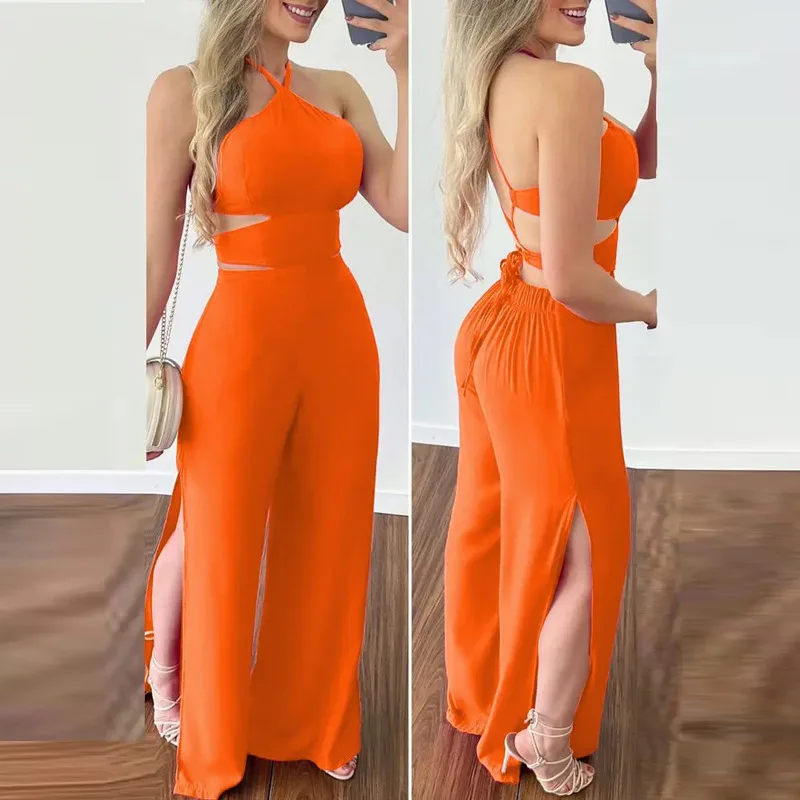 Women\'s Jumpsuit Elegant Summer 2024 High Waist Hanging Neck Hollow Slim Open Back Conjoined Body Pant Sleeveless Jumpbodysuit