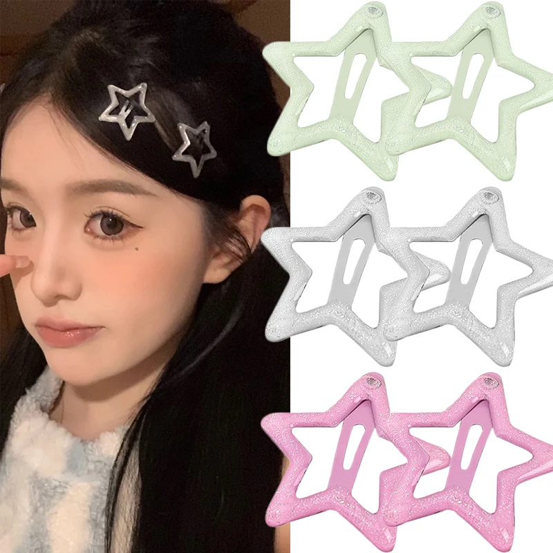 Silver Pink Y2K Star Hairpins Filigree Stars Metal Snap Hair Clips for Kids Girls Side HairGrip Barrettes for Women Girls