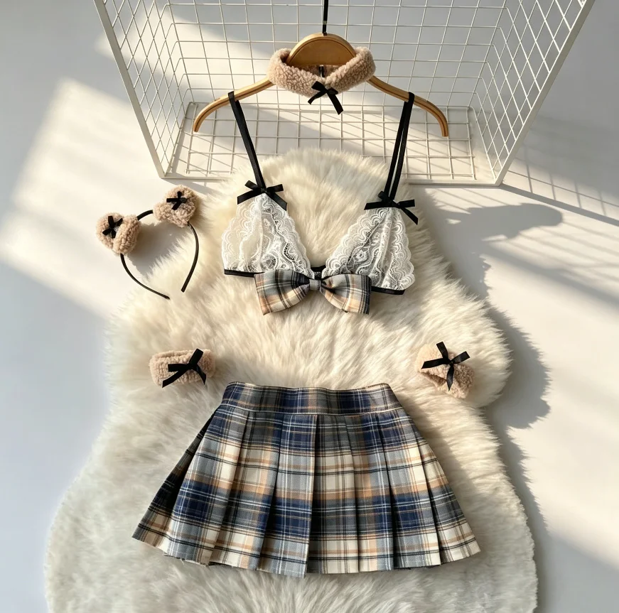 Y2K Japanischer Stil Hotweet JK-Anzüge für Damen, Neckholder, ärmellos, mit Schleife, Crop-Tops + Miniröcke, kariert, Patchwork, Damen-Sets, Trend, neu – Detail 2