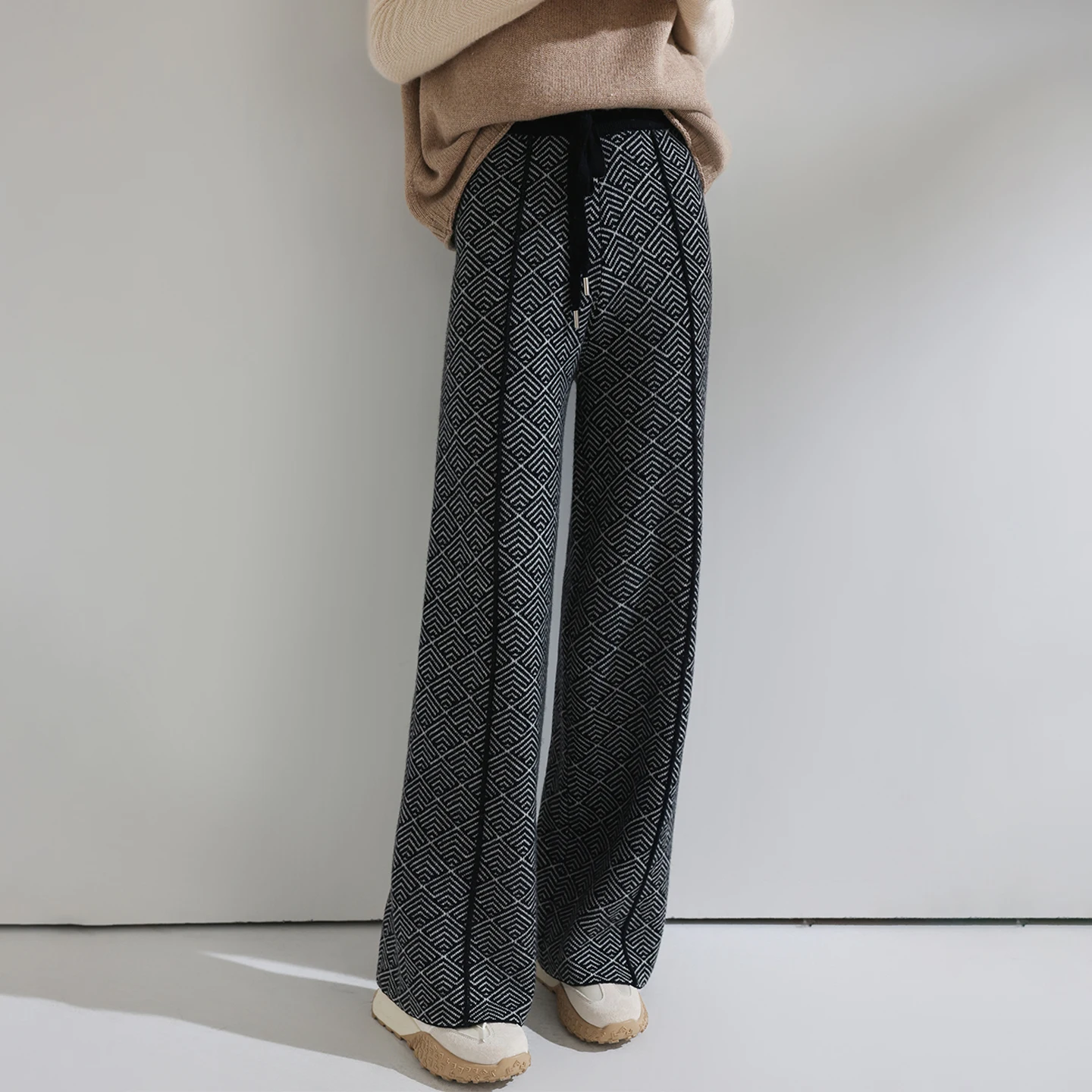 

New Chic Women Wool Pants Argyle Jacquard Thick Wide Leg Trousers 100% Merino Wool Trousers Classy Autumn Winter Loose Trousers