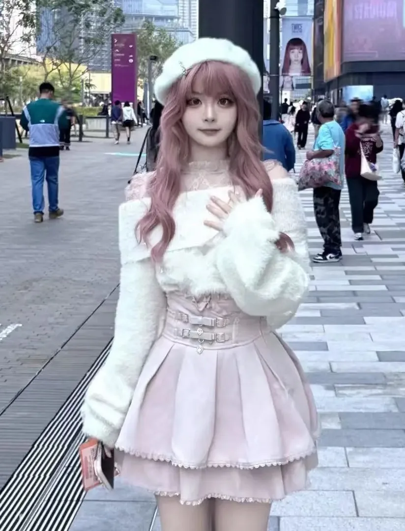 Sweet Clean Japanese Kawaii Lolita 2Piece Outfit Pink White Lace Off Shoulder Knit Top + High Waist Puffy Mini Skirt Women