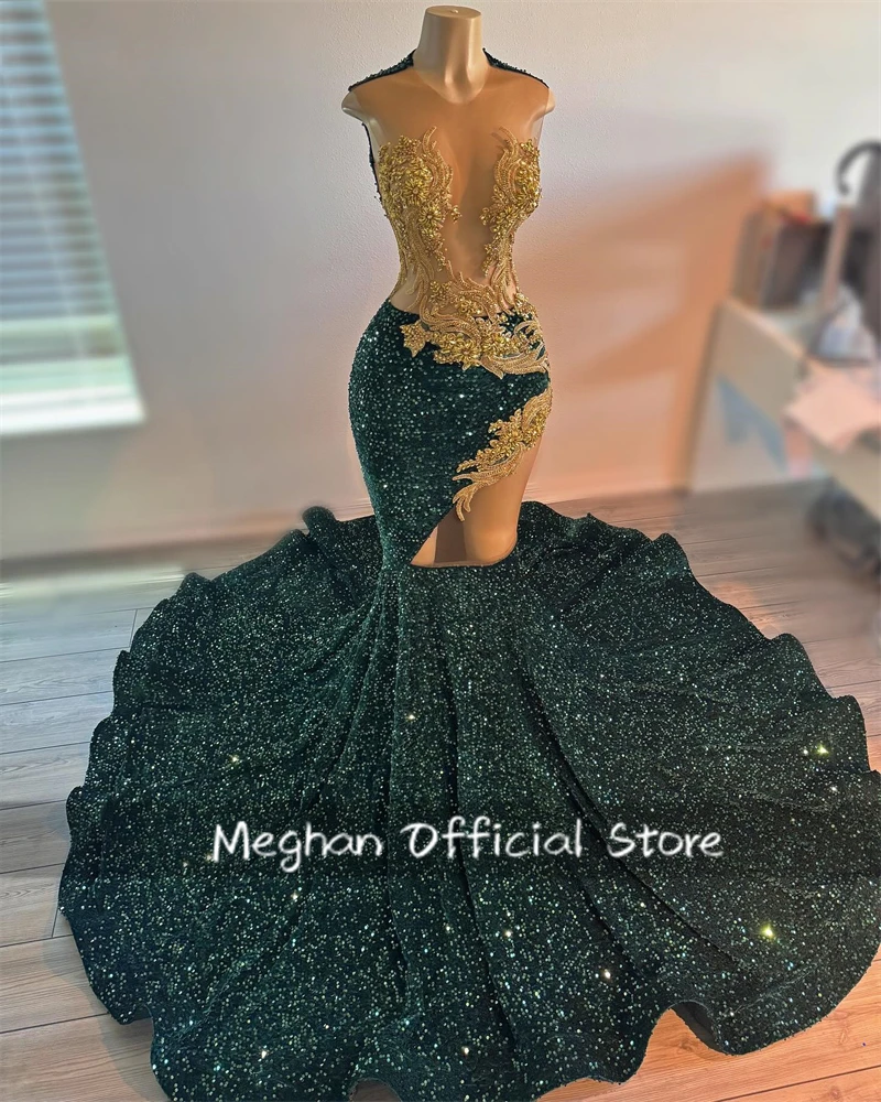 Emerald Green O Neck Long Prom Dresses Black Girls Bead Crystal Appliques 2024 Birthday Luxury Dress Sequined Graduation Gown