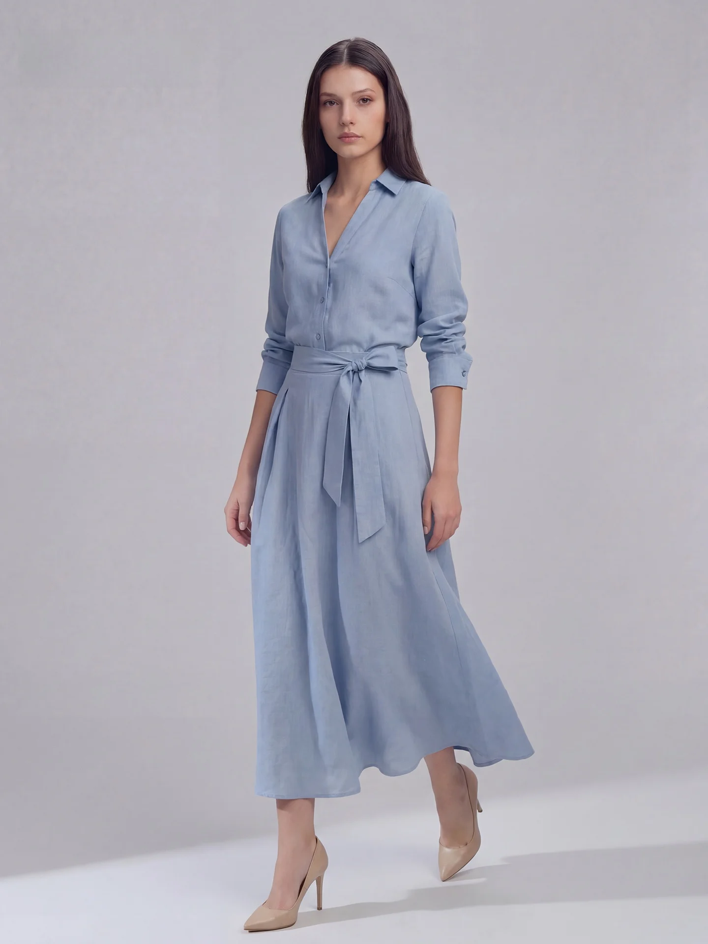 

New 2026 Spring Linen Shirt Top Waist Cinching Belted Half Skirt Two Piece Set Simple Casual Style Women's Fashion Breathable