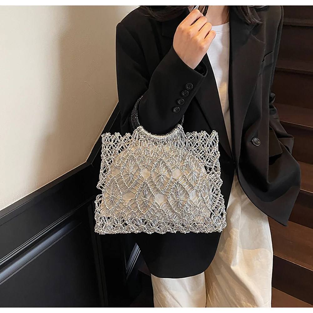 Handmade Woven Design Round Handle Handbags for Women Korean Style Exquisite Floral Hollow Out Luxury Designer Top-handle Bags