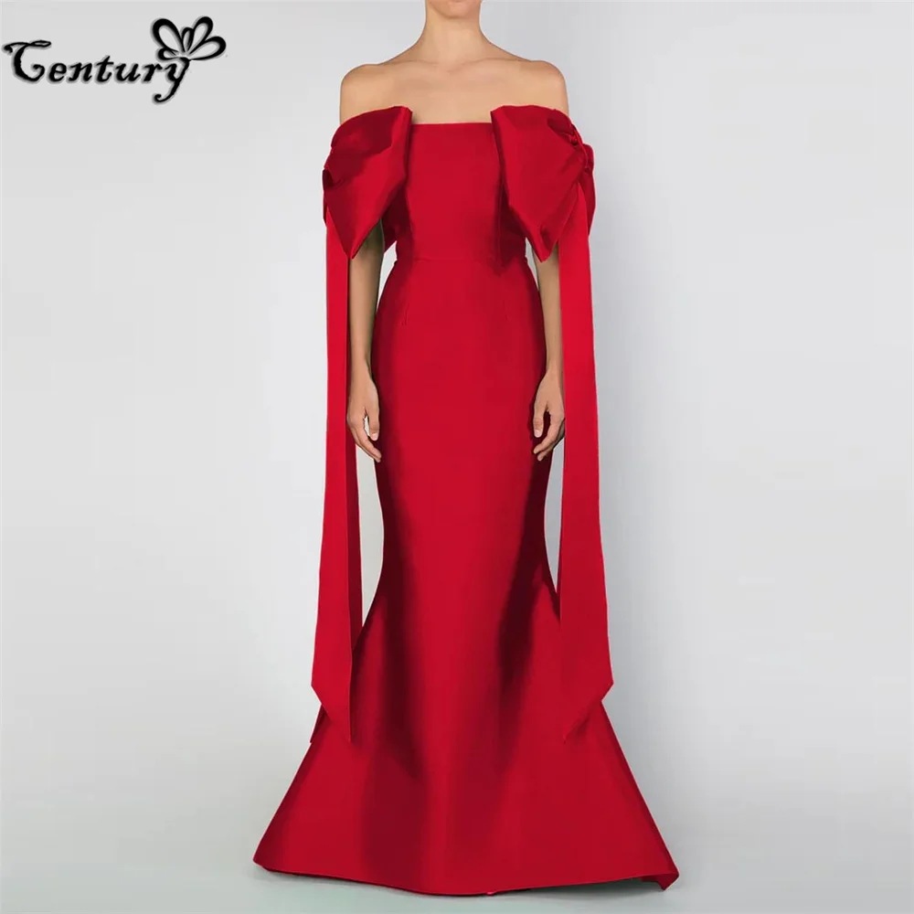 Red Prom Dress Mermaid Saudi Arabic Evening Party Gowns with Bow Off Shoulder Formal Occasion Dresses Customized