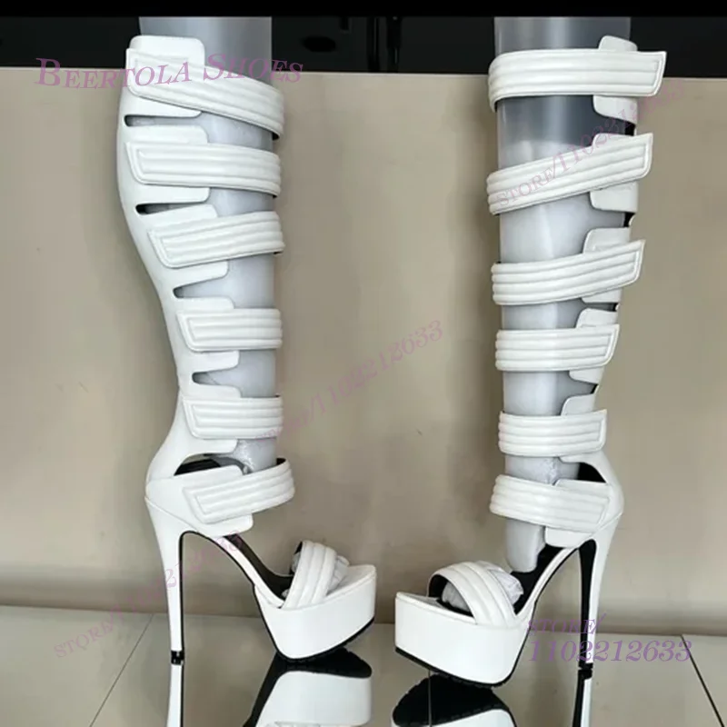 

White Patent Leather Lace Openwork Boots Matte Leather Cute Pink Platform Style Cool Black Stiletto Heels Women Open Party Shoes