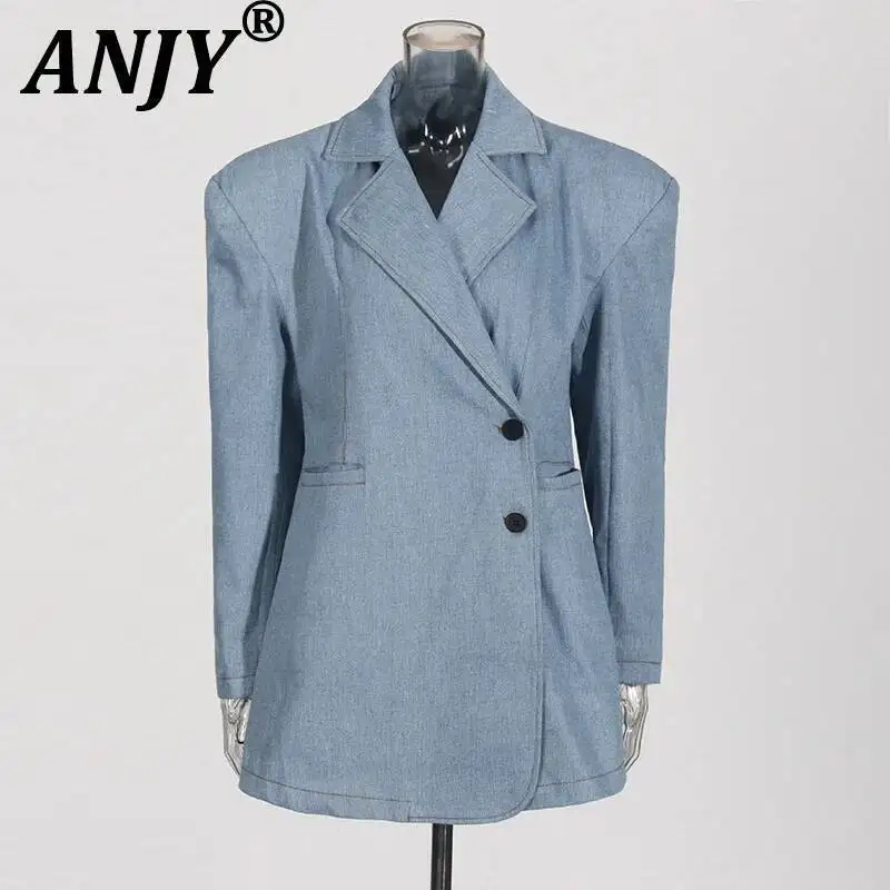 

ANJY Autumn Winter Women Fashion Temperament Denim Blazers High-End Office Lady Two-button Design Versatile Casual Jacket A11591