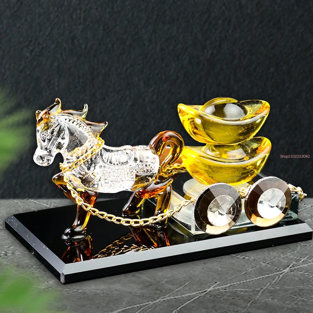 Laser Carving Steed Horse Ingots Gold Crystal Glass Craft Ornament Faceted Prism Figurines Lucky Wealth Feng Shui DIY Home Decor