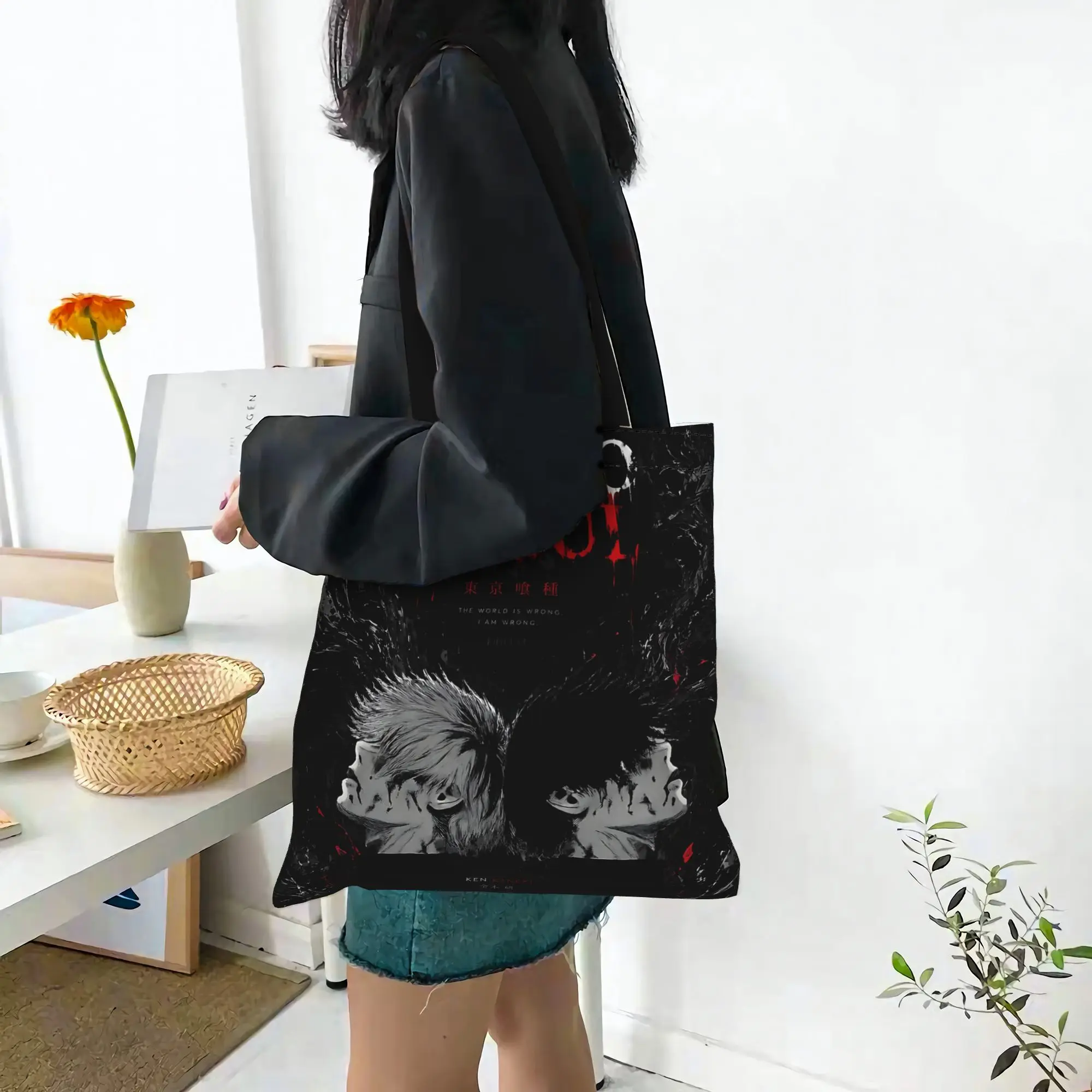 Customized Halloween Tokyo Ghoul Kaneki Women's Bag Shopping Bag Reusable Double Sided Canvas Tote Bag Shoulder  Handbag