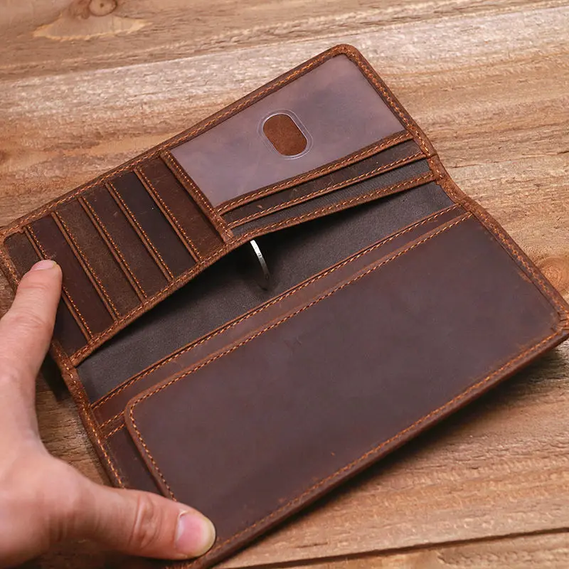 Retro Men\'s Wallet Genuine Leather First Layer Leather Wallet Unisex Long Casual Simple Fashion Long Wallet Coin Holder 1081