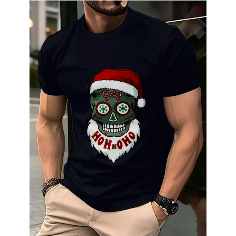 

Мужская футболка с черным сахарным черепом Санта-Клауса HoHo с принтом и текстом, хлопок высокого качества, 180 г