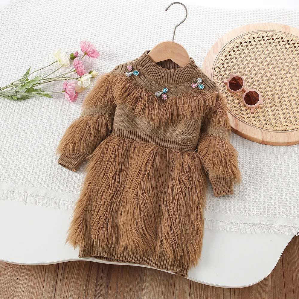 فستان غامض متماسك بلون سادة للأطفال فستان بناتي للأطفال شتاء خريفي جديد عصري كوري فضفاض حلو دافئ