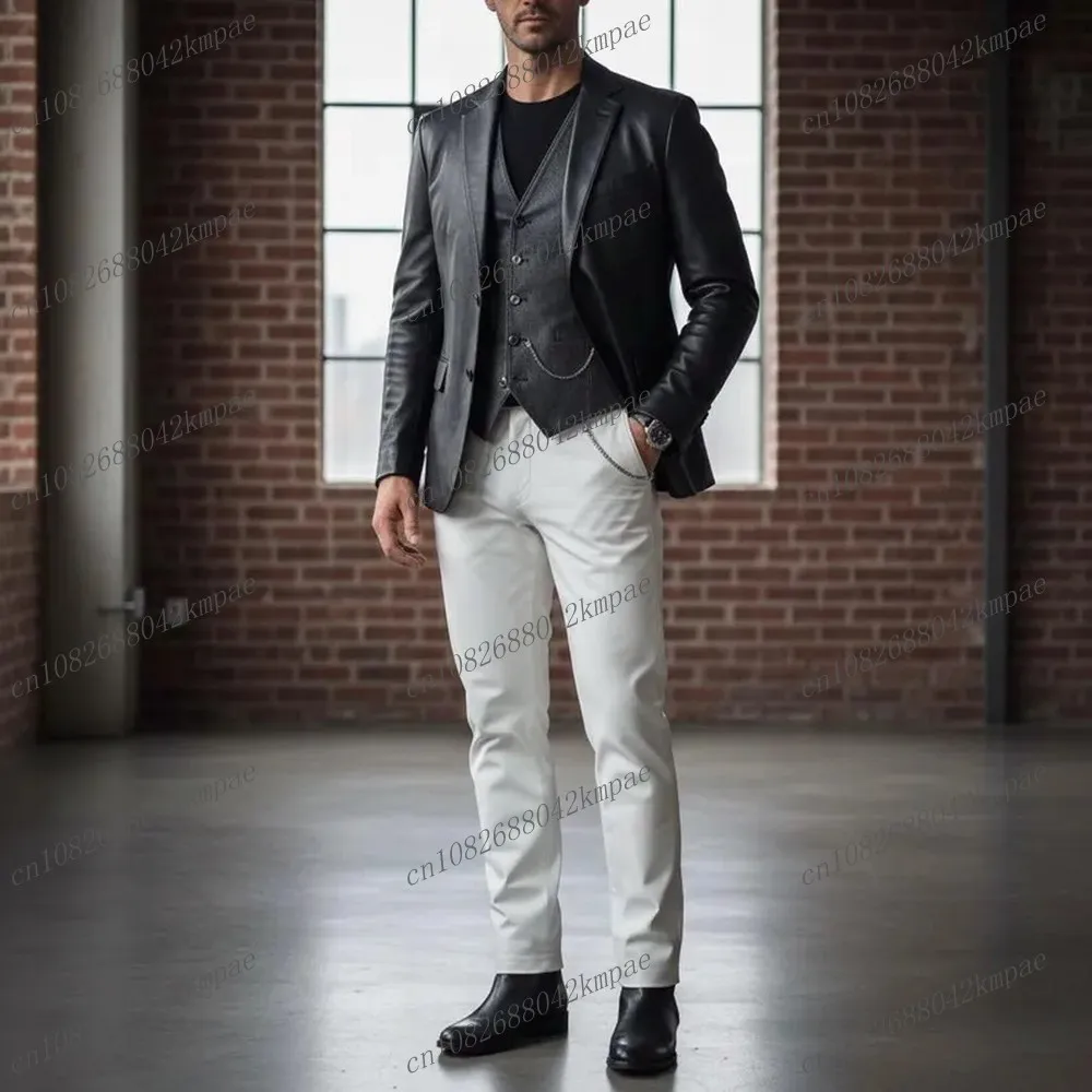 

Black And White Leather Formal Men Suit Groom Groomsman Wedding Party Prom Business Male Tuxedos 3 Piece Set Blazer Vest Pants