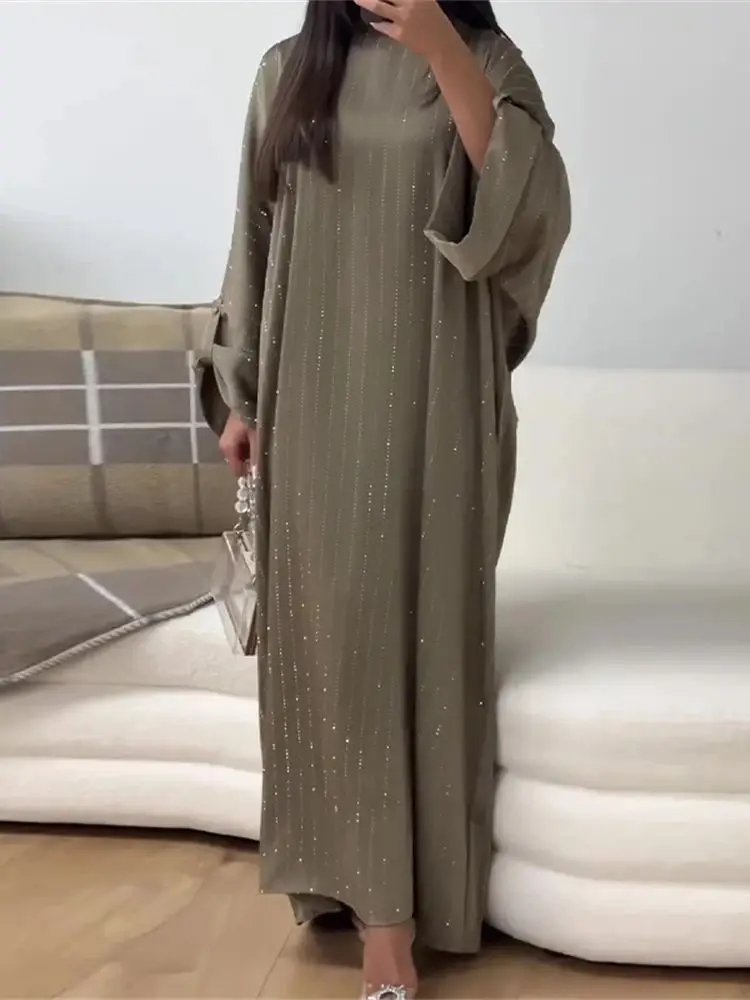 Eid Satin Shiny Batwing Abaya Damen Dubai Luxury Muslim Kaftan African Dresses For Women Caftan Marocain Robe Femme Musulmane